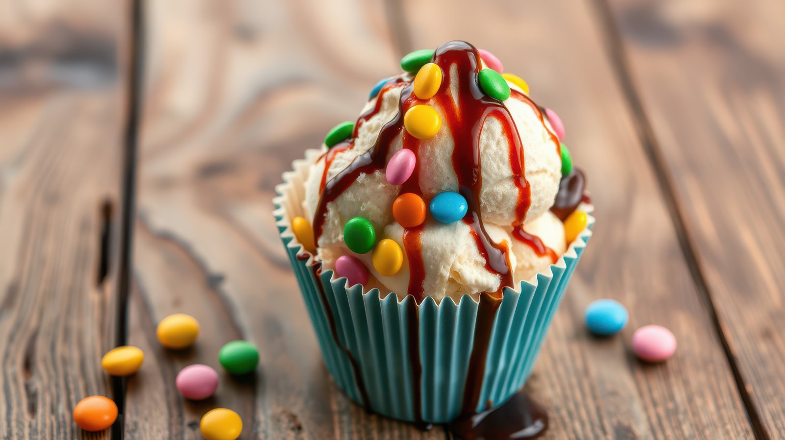 Delicious ice cream sundae topped with colorful candies served in a blue cup on a wooden table